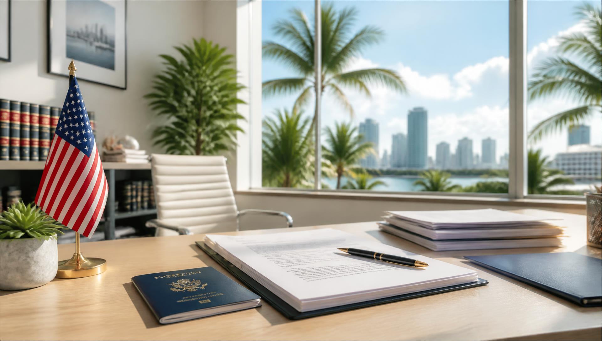 Sunny Miami immigration law office desk with legal documents and a passport