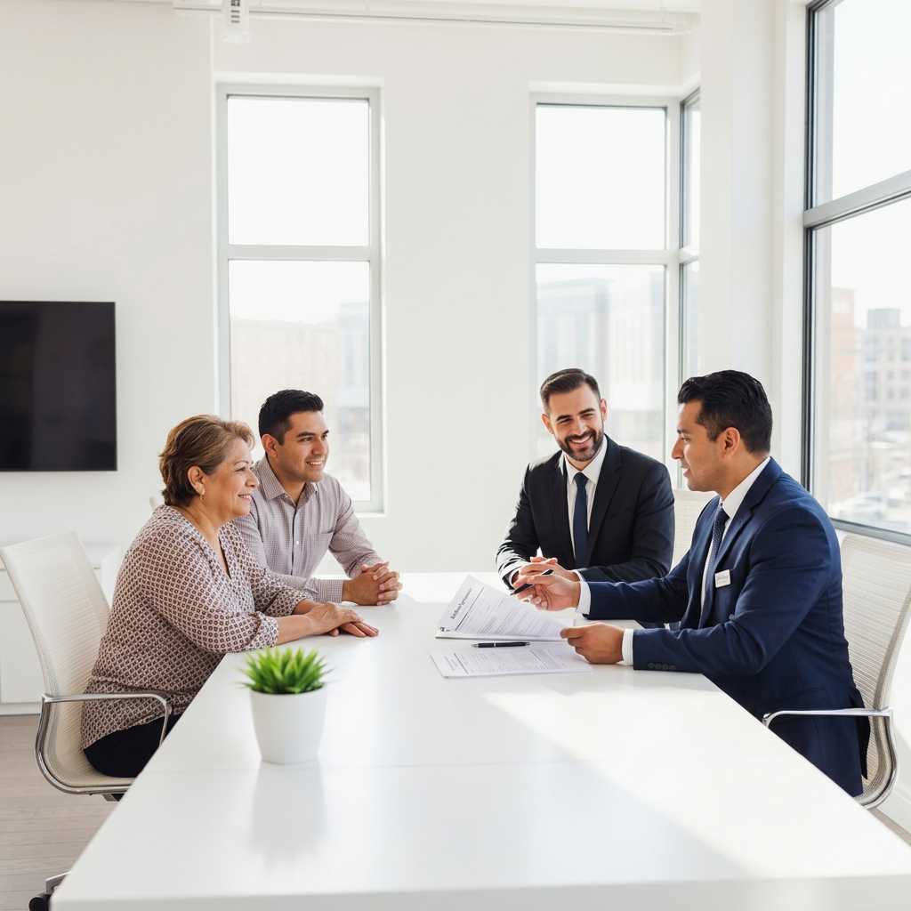 Bilingual agent explaining immigration bond documents to a family in a sunny office